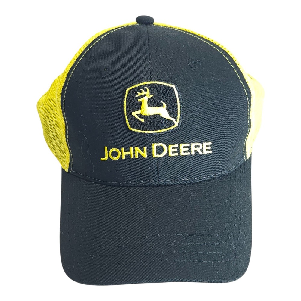 John Deere Trucker Hat Black Yellow Mesh Logo Adjustable Snapback